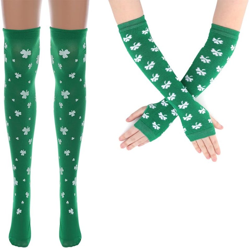 Urieo Striped Knee High Socks Knitted Arm Leg Warmers Set Knit Costume Long Fingerless Gloves with Thumb Hole for Women - Image 1